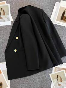 Spring/Summer Women's Solid Color Long Sleeve Double-Breasted Blazer, Notched Collar | Black - Black - View 8