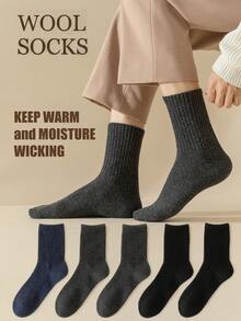 5 Pairs Men's Ribbed Knit Wool Crew Socks, Warm Thermal Moisture‑Wicking Mid‑Calf Socks, Solid Color Thick Cozy Fall Winter Daily Socks - Multicolor - View 9