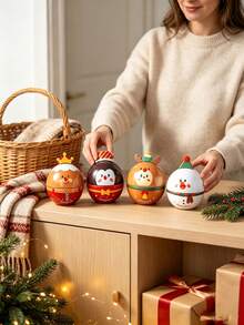1pc New Mini Round Christmas Tin Ball Box, Cute Snowman & Reindeer Hanging Decor, Small Candy & Snack Storage Tin, Christmas Tree Decoration, Holiday Party Gift Box - Multicolor - View 4