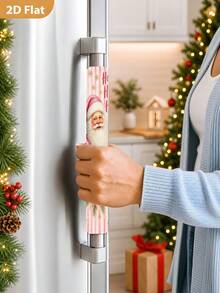 1/2Pcs Christmas Refrigerator Handle Covers, Pink Santa Claus & Poinsettia Pattern, With Hook And Loop Fastener, Suitable For Refrigerator, Oven, Microwave, Dishwasher, Christmas Kitchen Decor - View 4