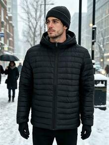 1pc Pure Cotton Jacket, Lightweight Zipper Quilted Winter Coat, Suitable For Snowy Days, Daily Commute And Outdoor Activities - Black - View 1