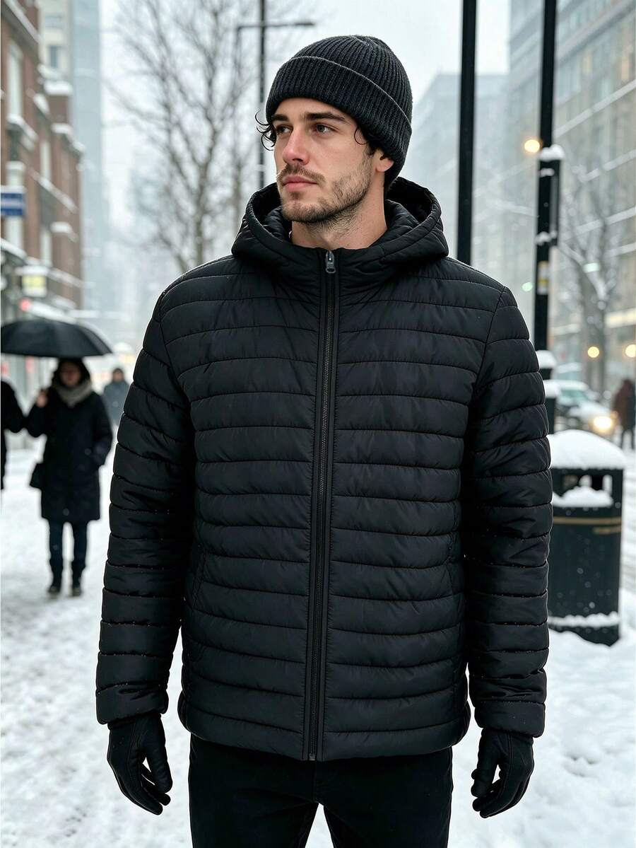 1pc Pure Cotton Jacket, Lightweight Zipper Quilted Winter Coat, Suitable For Snowy Days, Daily Commute And Outdoor Activities - Black - View 1
