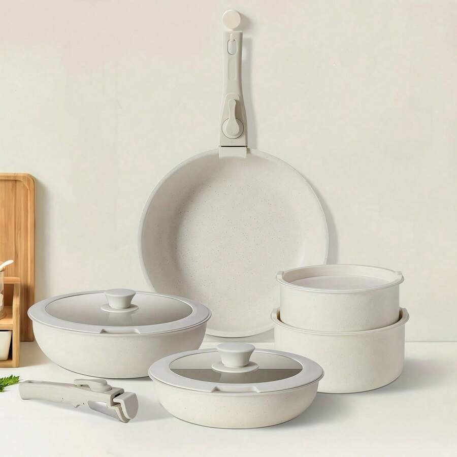 Juego de 5 piezas de utensilios de cocina antiadherentes con mango desmontable, olla y sartén multifunción con mango desmontable, cocción y servicio directo, diseño apilable que ahorra espacio, adecuado para la cocina del hogar