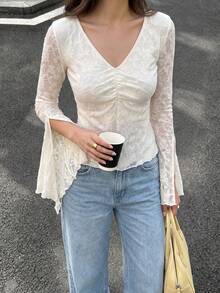QUNGIGU Women Fflower Lace V Neck Top Front Ruched Slit Flare Sleeve For Fall Winter Travel Going Out Dating - Apricot - View 6