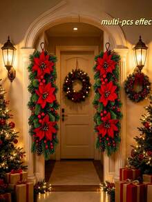 2pcs Artificial Poinsettia Norfolk Pine Christmas Hanging Garland With Berries And Pinecones, Artificial Cedar Pine Branch Door Hanging, Christmas Home Door And Window Decoration, DIY Floral Hanging Decor, Indoor/Outdoor, Suitable For Fireplace, Stairs - Multicolor - View 7