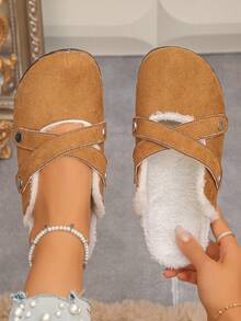 Women's Comfortable Soft Fur Lined Slip-On Closed Toe Mule Slippers, Cross Design, Casual Style, Autumn/Winter Daily Home Slippers, Brown, Plus Size - Brown - View 2