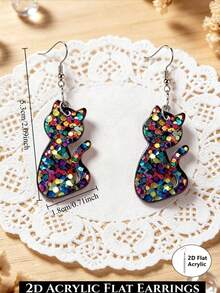 1Pair Colorful Glitter Black Cat 2D Flat Acrylic Dangle Earrings For Women Halloween Party Decor No Box. - Cat - View 3