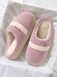 2026 New Women's Striped Soft Sole Slippers, Thermal Lined Fluffy Closed Toe House Slippers For Autumn/Winter - Purple - View 4