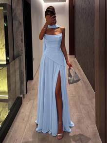 ADYCE Elegant Halter Neck Sweetheart Neckline High Waist Pleated High Slit Backless Floor Length Party Dress, Suitable For Prom, Birthday, Christmas, Wedding - sea blue - View 5