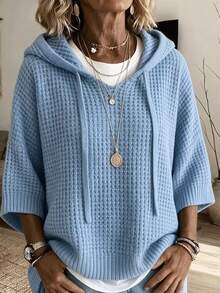 Women's Plus Size New Autumn/Winter Hooded Knit Top, Waffle Texture V-Neck Drawstring Hoodie, Loose Drop Shoulder Mid-Sleeve Casual Pullover Sweater - Blue - View 6