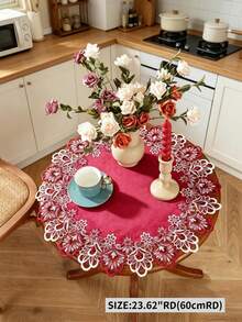 1PC Polyester Festive Burgundy Fall And Winter Velvet Center Lace Cutwork Placemat Round Floral Embroidered Table Mat For Holiday Party Dinner Decoration - Red - View 14
