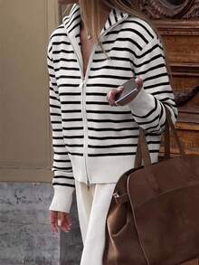 Women's Winter Streetwear Preppy Style Black & White Striped Double Zipper Cardigan Sweater Jacket - Black and White Stripes - View 3
