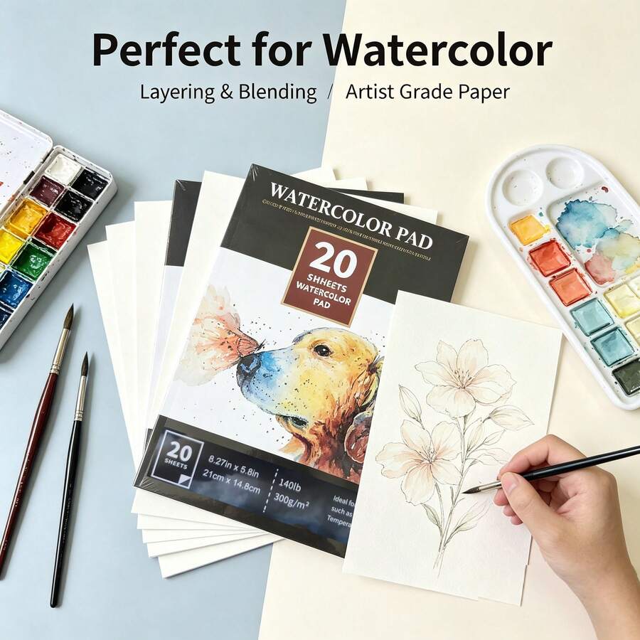 Watercolor Pad 20 Sheets 300gsm Cold Press Water Colour Paper Pad, Acid‑Free Sketch Drawing Notebook For Artists Students Beginn
