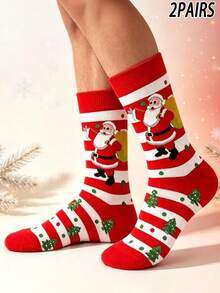 2 Pairs Men's Christmas Mid‑Calf Socks, Red‑White Striped Santa Claus Design, Soft, Breathable, Fun & Personalized Holiday‑Style Mid‑Calf Socks - Multicolor - View 9