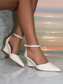 1 Pair Solid Color Elegant Pointed Toe Hollow Wedge Heel Women's Pumps, Versatile Daily High Heel Shoes, All Season - Apricot - View 7