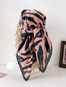 1 Pc New Fashionable Design Retro Zebra Print Women's Imitation Silk Scarf Hair Versatile Square Bandana Sunscreen Shawl Daily Vacation Decor Ribbon. - Brown - View 5