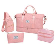 4‑Piece Quilted Travel Bag Set Weekender Duffle With Shoe Compartment Sling Backpack Cosmetic & Mesh Toiletry Pouch - Pink - View 8