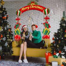 3Pcs Merry Christmas Door Banner Decor, Arch Ball Sign & Stacked Gift Box Hanging Curtain, Xmas Holiday Front Porch Home Room Decor For Christmas Party Supplies - A - View 4