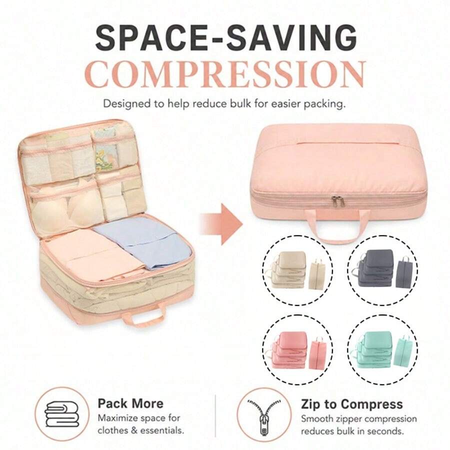 Expandable Compression Travel Clothing Storage Bag, Multi-Compartment Luggage Organizer With Luggage Strap And Handle, Waterproof Washable Twill Fabric Dustproof And Moisture-Proof Storage Cube, Suitable For Shirts, Underwear, Socks, Bras