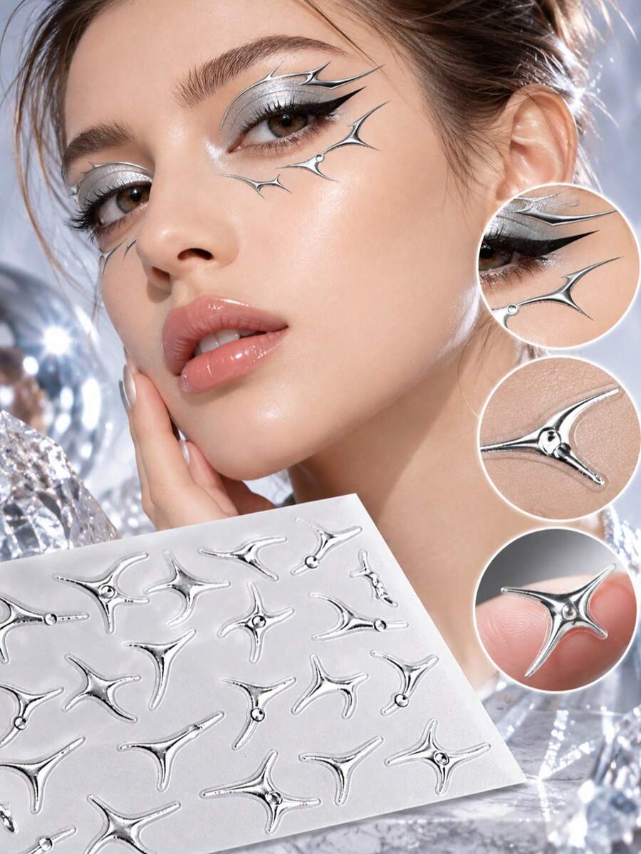 1pc Silver Y2K Cyber Sharp Angle Eye Sticker, Sharp Trident Star Multi-Angle Shape Patch, Shiny Silver Long-Lasting And Not Easily Faded, Adheres Naturally Without Curling, Suitable For Cosplay Halloween Party, Girls Face Sticker, Apply To Eye Corner And Cheekbone, Cyberpunk Festival Stage Makeup - Black - View 1