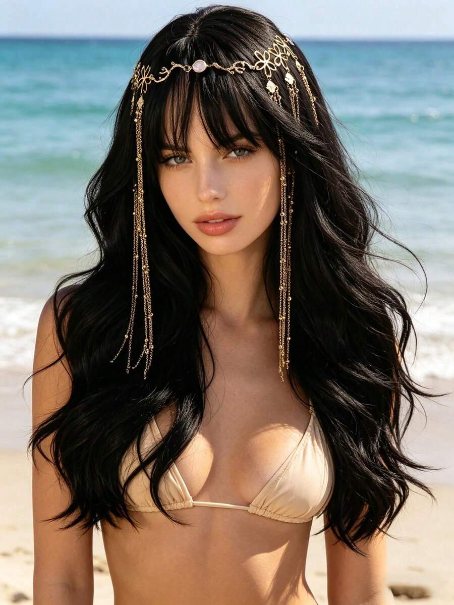 1pc New Gold Elegant Exquisite Hair Chain, Suitable For Wedding Dress, Cold Shoulder Outfit, Head Accessory, Gold Bohemian Style Headpiece - Gold - View 1
