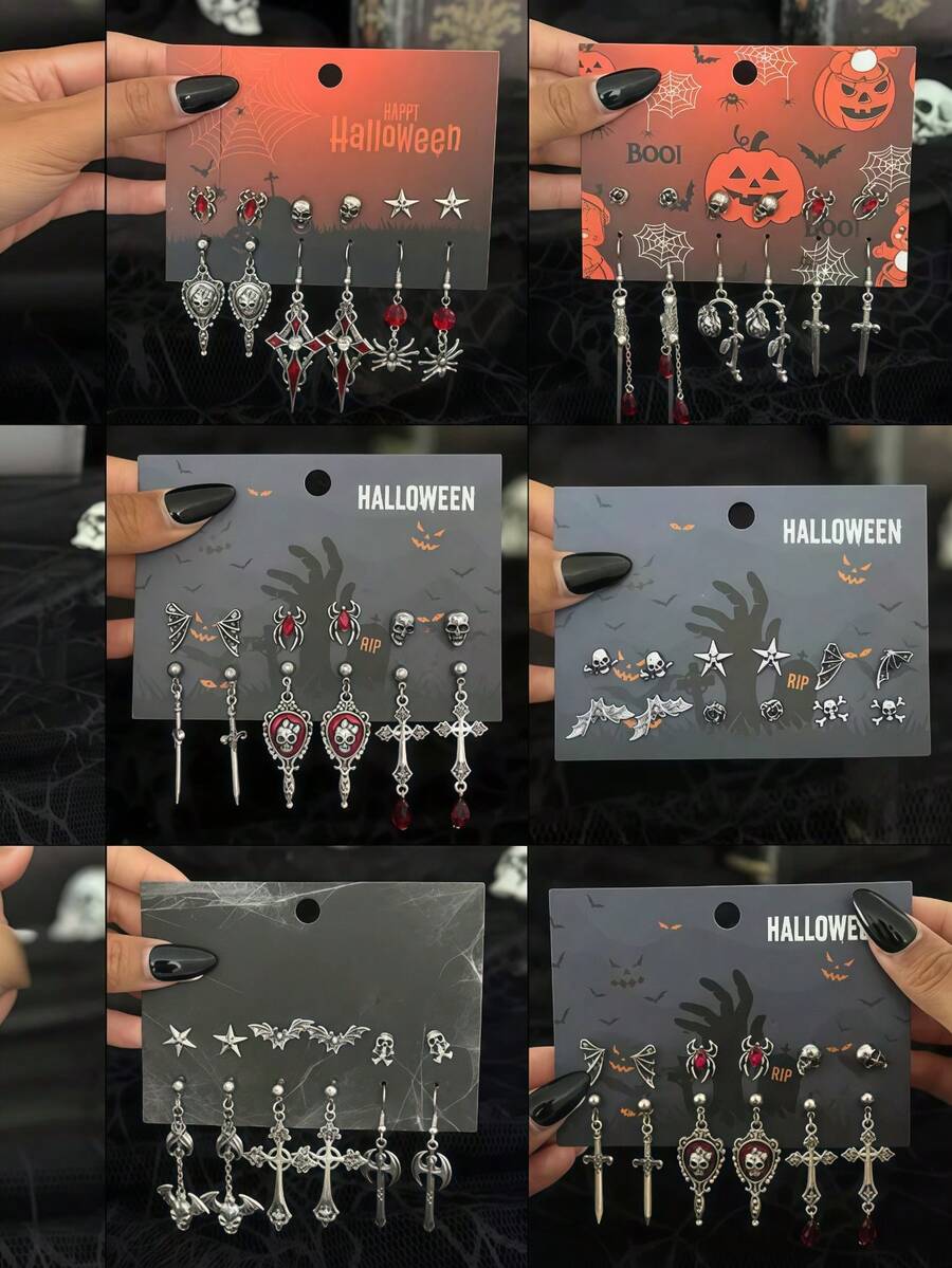 12pcs Gothic Skull Bat Earrings, Creative Personalized Metal Cross Spider Wing Dangle Earrings, Suitable For Halloween, Friend Gift - Multicolor - View 1