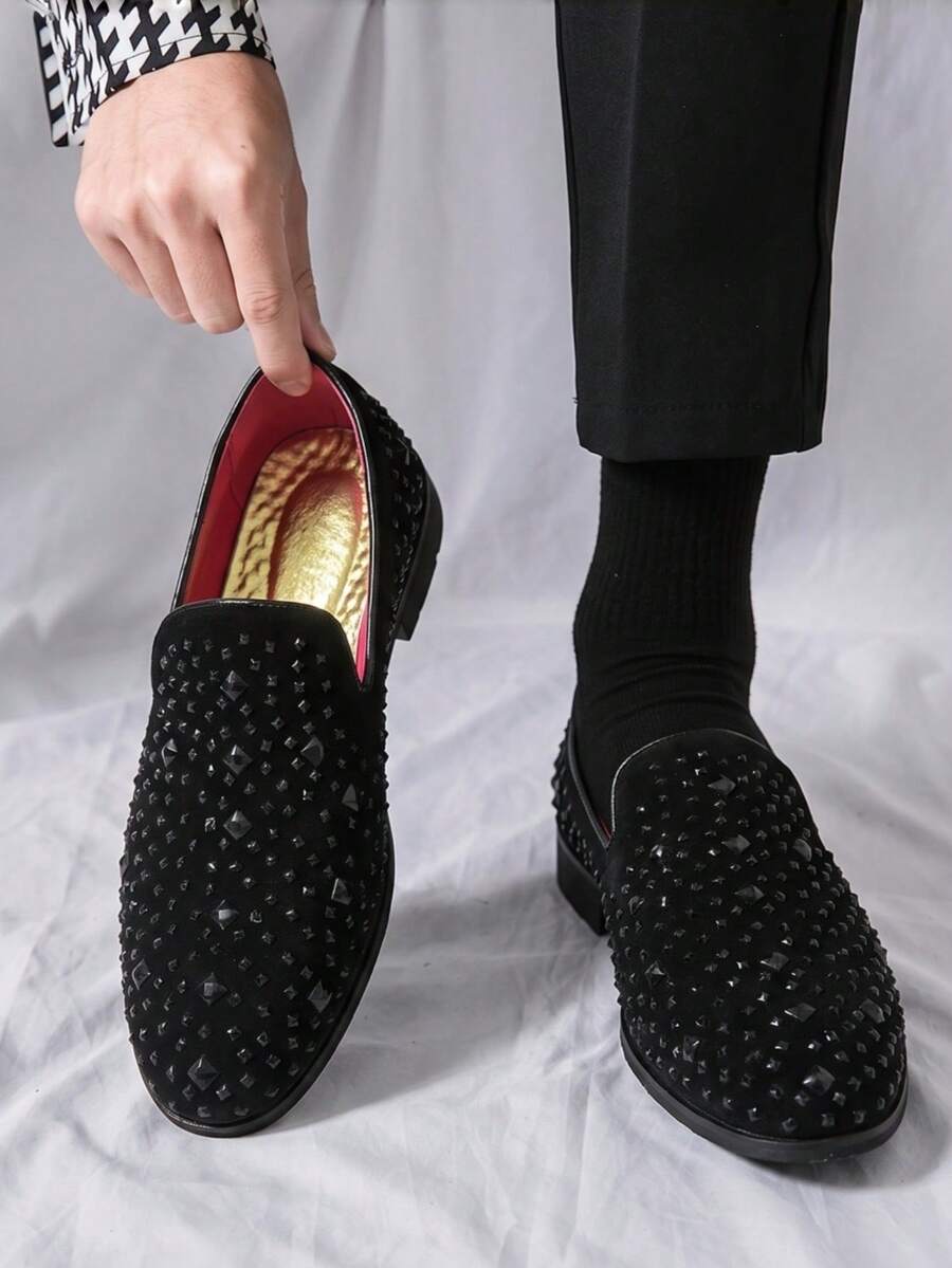 Men Rhinestone Decor Slip On Loafers - Black - View 1