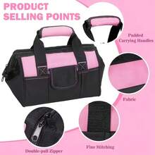 Double Layer Thickened Women's 13-Inch Heavy Duty Wide Mouth Tool Bag: Durable & Wear-Resistant, Large Capacity, Portable & Organized Storage, Sturdy Structure; Suitable For Electrical Work, Carpentry And DIY Enthusiasts - Pink - View 6