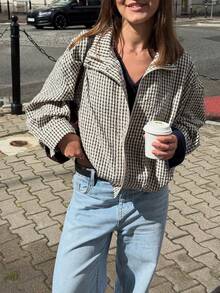 Fashionable Loose Zipper Flight Jacket Long Sleeve Coat For Women Autumn Daily Wear - Black and White - View 9