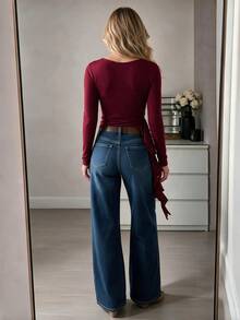 Women Casual Small V Neck Top Side Ruffle Tie For Fall Apparel Daily Commuting Going Out Dating - Burgundy - View 3