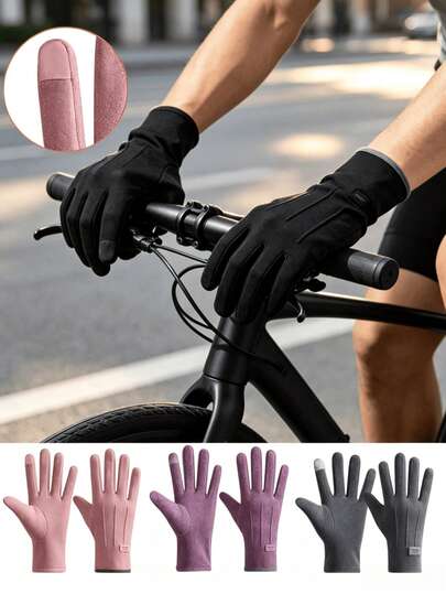 1 Pair Unisex Five-Finger Velvet Touch Gloves, Windproof & Warm, Slim Fit, Delicate Velvet Material, Comfortable Outdoor Cycling Cold-Weather Gloves, Suitable For Christmas & Skiing
