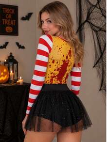 HALLOWEEN Disfraz de Payasita Conjunto Dos Piezas Body y Falda Short Tutu para Mujer Dama Sexy Disfraces Payasos Cosplay Pantiblusa Pantalones Cortos - Negro - Ver 2