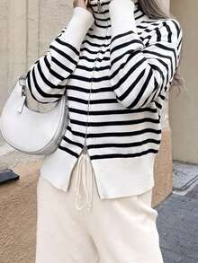 Women's Winter Streetwear Preppy Style Black & White Striped Double Zipper Cardigan Sweater Jacket - Black and White Stripes - View 4