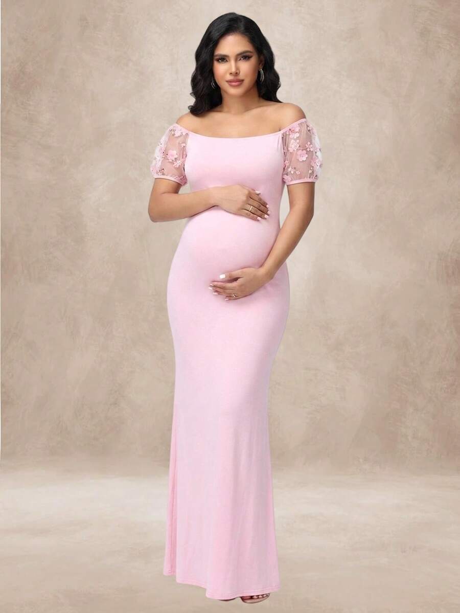 JustVH Maternity Cold Shoulder 3D Floral Long Mermaid Dress, Suitable For Baby Shower, Halloween, Autumn Party - Baby Pink - View 1