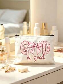 Cosmetic Bag, God Is Good Coquette Bow Floral Print Makeup Pouch, Canvas Zipper Toiletry Bag, Portable Travel Storage Pouch, Women Gift For Holiday Party Daily Use - Multicolor - View 4
