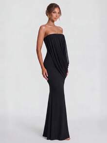 Elegant French Romantic Wedding Evening Party Strapless Ruched Dress - Black - View 6