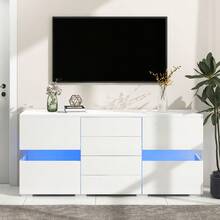 Flieks Matt & High Gloss White Sideboard Cabinet Storage Cupboard Unit  LED Lighted For Dining Room Living Room - White - View 4