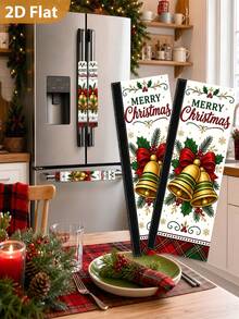 1/2Pcs Christmas Refrigerator Handle Covers, Gold Bell, Red & Green Plaid, Berry Pattern, With Hook And Loop, Suitable For Refrigerator, Oven, Microwave, Dishwasher, Christmas Holiday Kitchen Decor - View 3