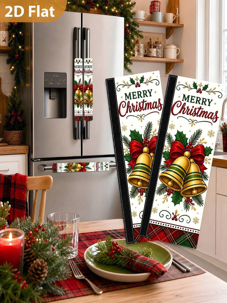 1/2Pcs Christmas Refrigerator Handle Covers, Gold Bell, Red & Green Plaid, Berry Pattern, With Hook And Loop, Suitable For Refrigerator, Oven, Microwave, Dishwasher, Christmas Holiday Kitchen Decor - View 1