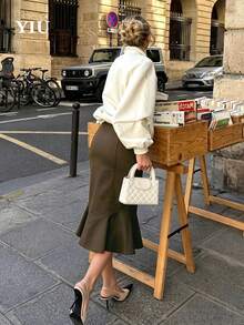 YIU 女款優雅膝長修身中長裙,開衩設計,無彈性聚酯纖維面料,時尚秋季造型 - 棕色 - 查看 7