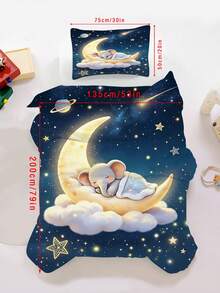 2件組幼兒星空床上用品套裝，可愛睡眠小象月亮雲朵星星行星印花被套與枕套，柔軟兒童床品套裝，無填充 - 彩色 - 查看 16