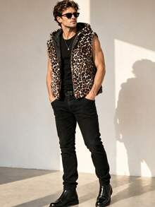 Men's Faux Fur Hooded Leopard Print Jacket, Autumn/Winter Outdoor Casual Wear - Mocha Brown - View 3