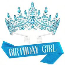 Princess Birthday Girl Crown Tiara Sash Rhinestone Crystal Crown Glitter Sash For Girls Birthday Party Headband Hair Accessories - Multicolor - View 20