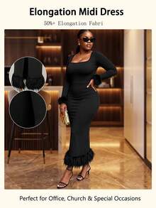 Elegant Feather Patchwork Sheath Dress, Crew Neck Long Sleeve, Fitted Silhouette, Versatile For Workplace, Party, Wedding, Cocktail, Formal Occasions, Spring/Autumn - Black - View 10