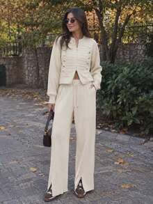 Knitwear 2 Pieces; Drop Shoulder Long Sleeve Button Front Casual Sweater Top And Loose Fit Pants - White - View 3