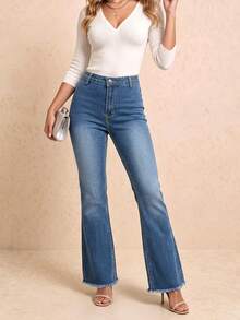 Jeans Flare Wanita Fashion, Potongan Pinggang Sedang dengan Saku Samping, Denim Cuci Elegan - Dark Wash - View 3