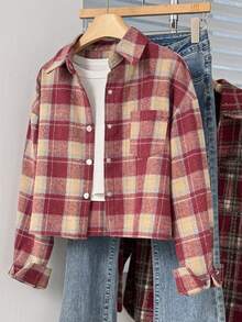 Women's Autumn/Winter Brushed Short Plaid Shirt - Red - View 10