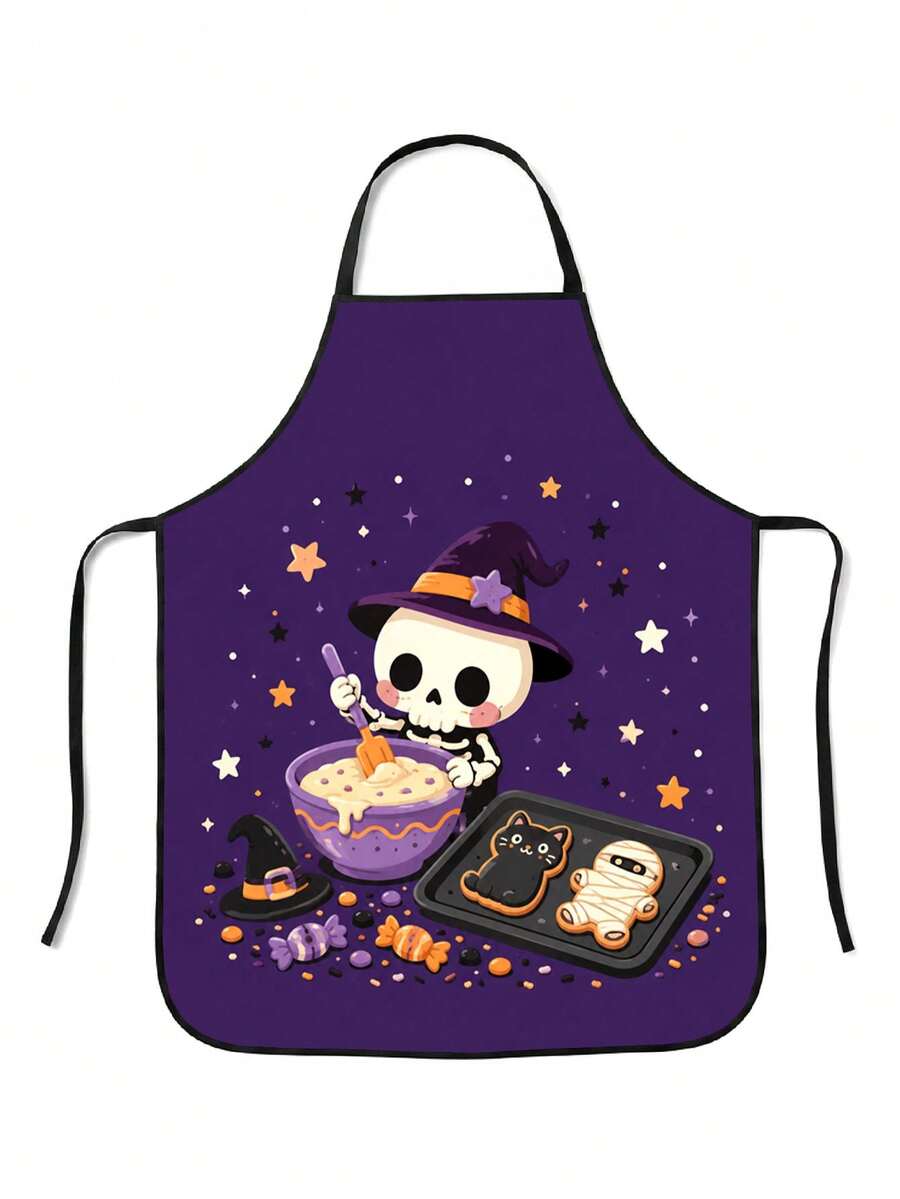1pc Halloween Skeleton Witch Funny Pattern Apron, Cute Ghost Design Elements, Suitable For Party Baking And Kitchen Decoration, Create Festive Atmosphere Halloween Kitchen Supplies - Multicolor 3 - View 1