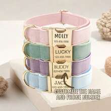 1 pieza Collar de perro de terciopelo personalizado grabado con nombre, número de teléfono y etiqueta de identificación, suave y cómodo ajustable para perros pequeños, medianos y grandes, material de acero inoxidable, conjuntos de paseo a juego, regalo para amantes de mascotas, tonos tierra, equipo de perro estéti - Rosa Pálido - Ver 19