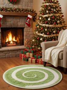 Round Burgundy Christmas Tufted Rug Checkered Border Snowman Gingerbread Gift Candy Cane Plush Rug - Green - View 4